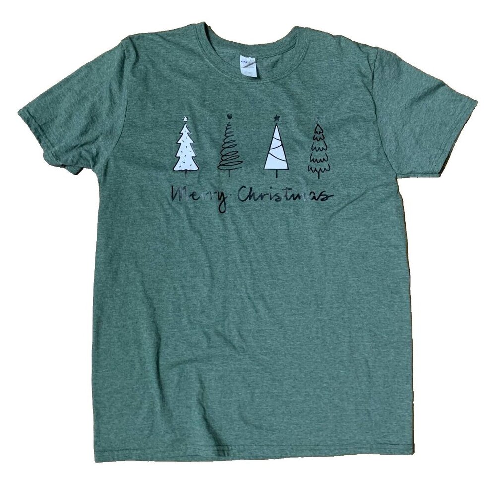 "Merry Christmas" T-Shirt Green Short Sleeve Trees Gildan Tee Top Blouse Large